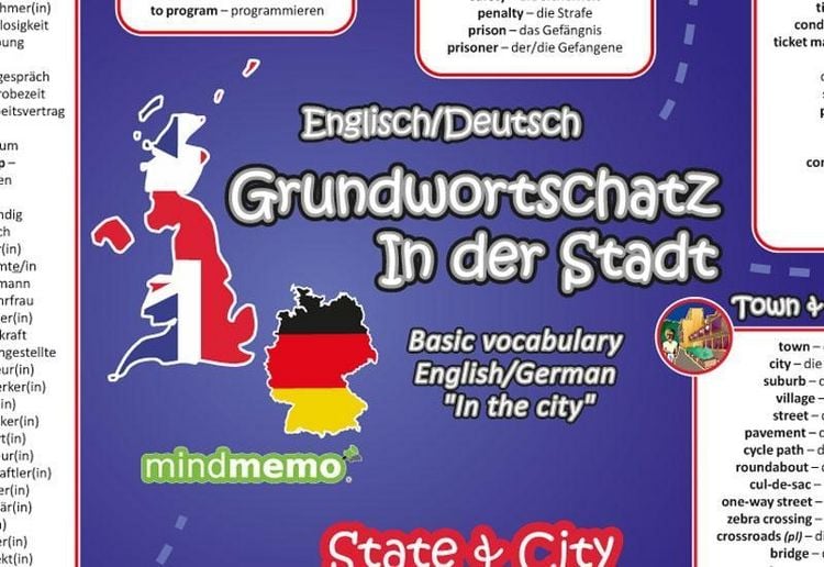 Produktbild: mindmemo Vokabel Lernposter - Grundwortschatz Englisch / Deutsch - In der Stadt - 600 Vokabeln lernen leicht gemacht