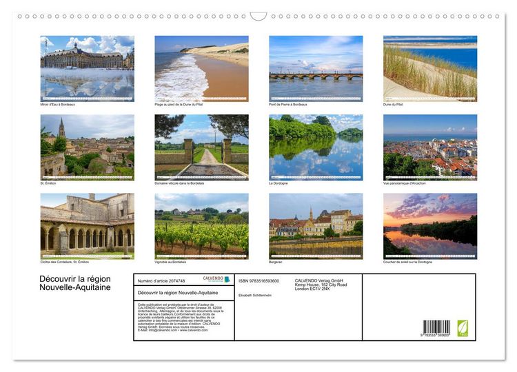 Produktbild: D&eacute;couvrir la r&eacute;gion Nouvelle-Aquitaine (Calendrier mural 2026 DIN A2 vertical), CALVENDO calendrier mensuel