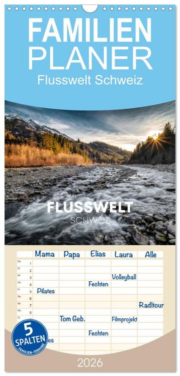 Produktbild: Familienplaner 2026 - Flusswelt Schweiz mit 5 Spalten (Wandkalender, 21 x 45 cm) CALVENDO
