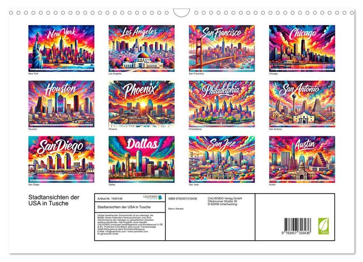 Produktbild: Stadtansichten der USA in Tusche (Wandkalender 2026 DIN A3 quer), CALVENDO Monatskalender