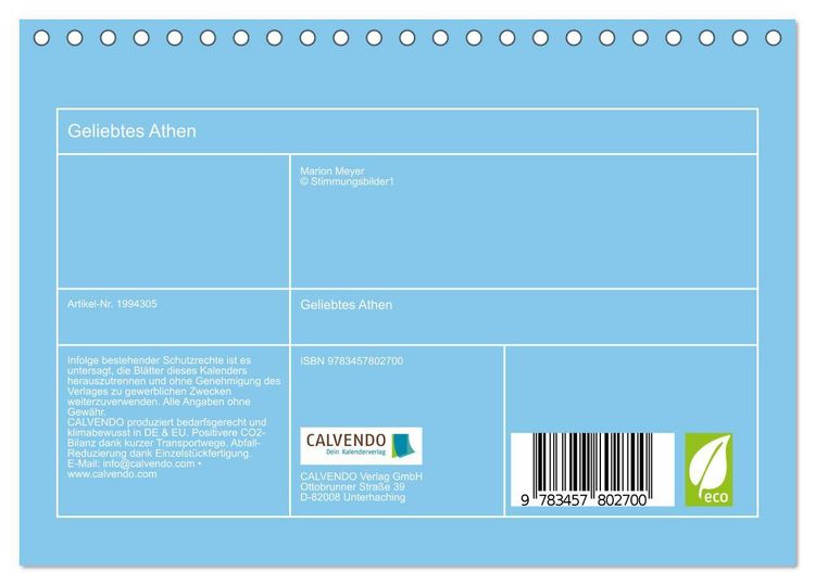 Produktbild: Geliebtes Athen (Tischkalender 2026 DIN A5 quer), CALVENDO Monatskalender