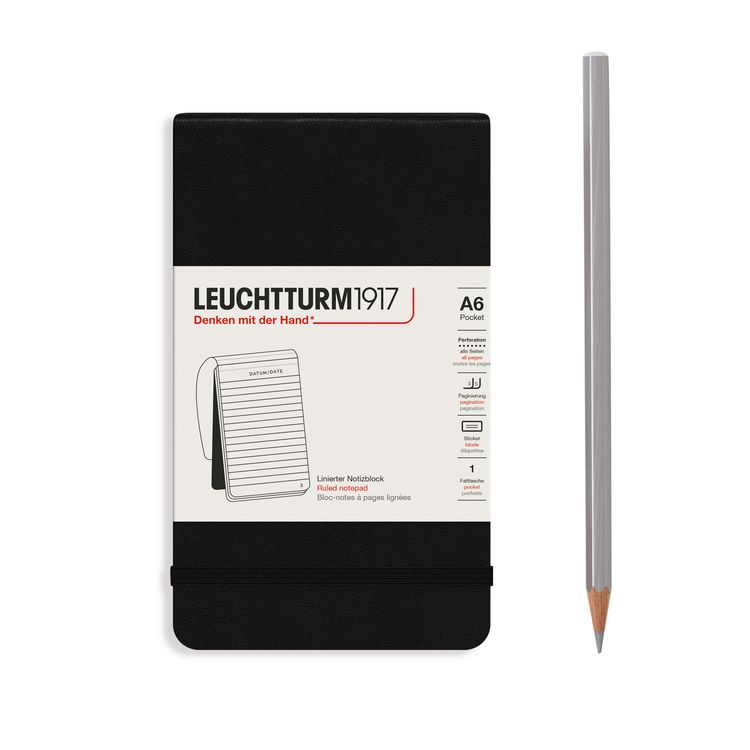 Produktbild: LEUCHTTURM1917 Notizblock Pocket (A6), Hardcover, 94 nummerierte Seiten, Schwarz, Liniert
