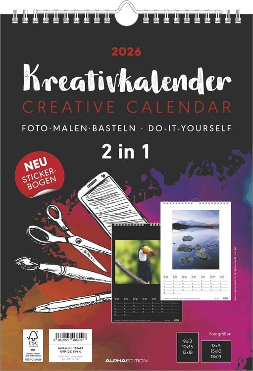 Produktbild: Kreativ-Kalender A4 - 2 in 1: schwarz und weiss 2026 - 21 x 29,7 - Foto, Malen, Basteln - datiert - Kreativkalender - Foto-Kalender - Alpha Edition