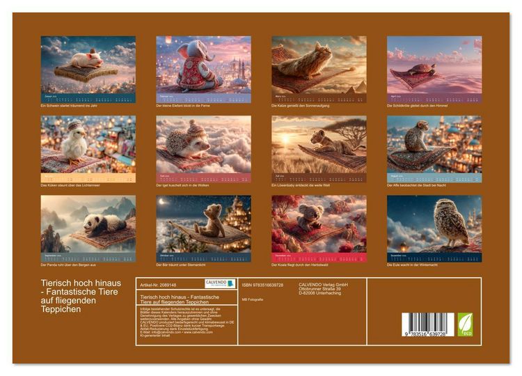 Produktbild: Tierisch hoch hinaus - Fantastische Tiere auf fliegenden Teppichen (hochwertiger Premium Wandkalender 2026 DIN A2 quer), Kunstdruck in Hochglanz
