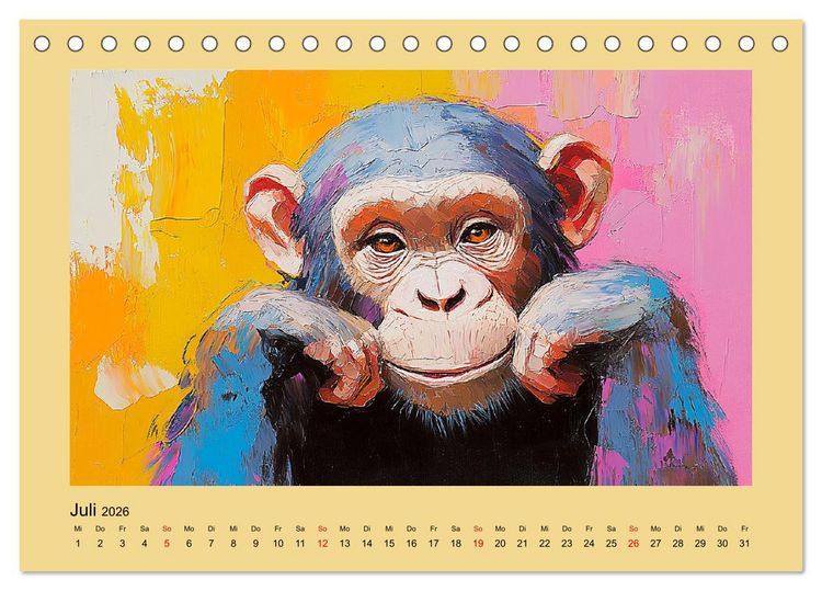 Produktbild: Majest&auml;tische Menschenaffen. Faszinierende Wesen in kunstvoller &Ouml;loptik (Tischkalender 2026 DIN A5 quer), CALVENDO Monatskalender