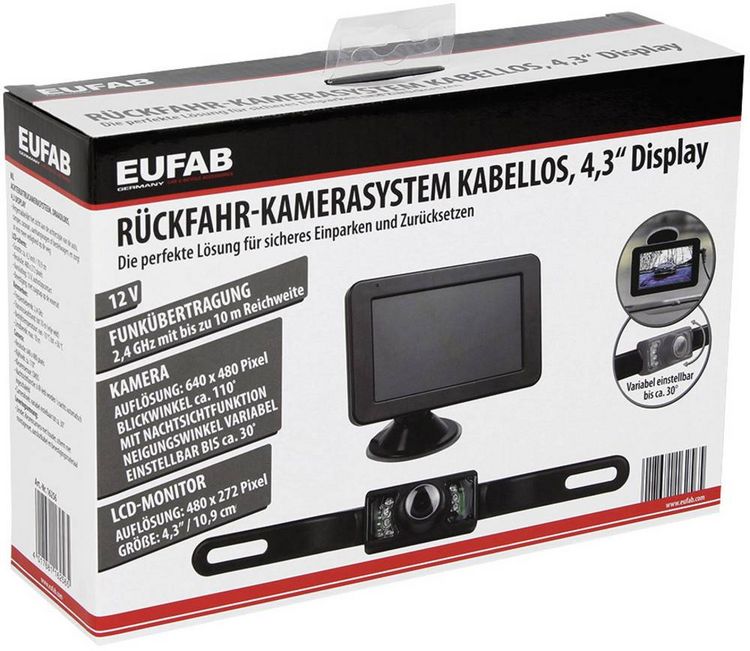 Produktbild: Eufab Funk-R&uuml;ckfahrvideosystem Abstandshilfslinien Saugfu&szlig;, Kennzeichenhalter Schwarz