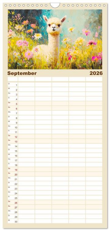 Produktbild: Familienplaner 2026 - Alpakas. Entz&uuml;ckende Paintings in duftigen Farben mit 5 Spalten (Wandkalender, 21 x 45 cm) CALVENDO