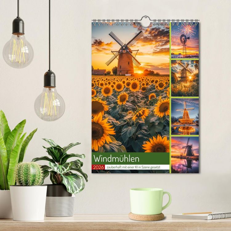 Produktbild: Windm&uuml;hlen - Zauberhaft mit einer KI in Szene gesetzt (Wandkalender 2026 DIN A4 hoch), CALVENDO Monatskalender