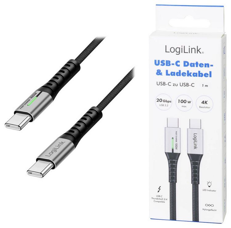 Produktbild: LogiLink USB-C&reg; Kabel USB 3.2 Gen2x2 USB-C&reg; Stecker 1.00 m Schwarz mit LED, 4K UHD, beidseitig verwendbarer Stecker CU0432
