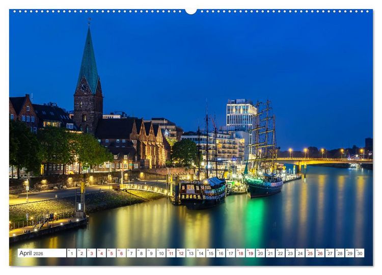 Produktbild: Bremen und Bremerhaven - Nachtaufnahmen (hochwertiger Premium Wandkalender 2026 DIN A2 quer), Kunstdruck in Hochglanz