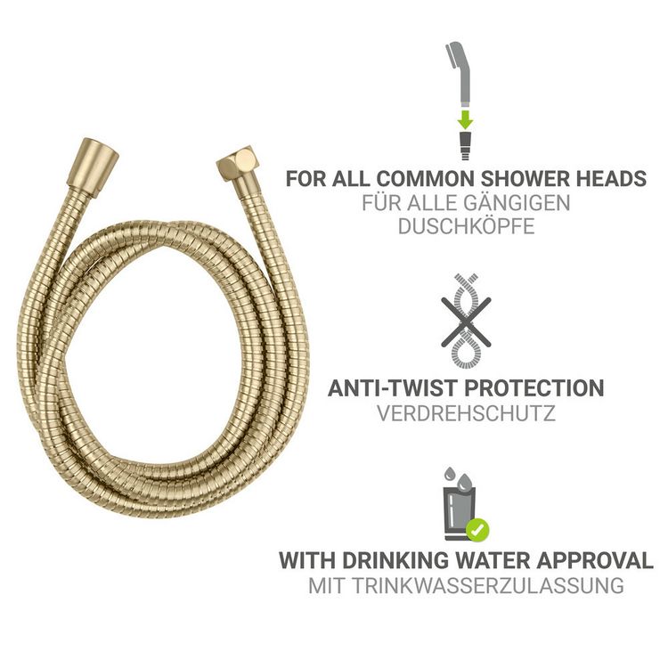 Produktbild: Edelstahl Duschschlauch Mod. Brass 150 cm Gold, 1/2" Standardanschluss, Verdrehschutz
