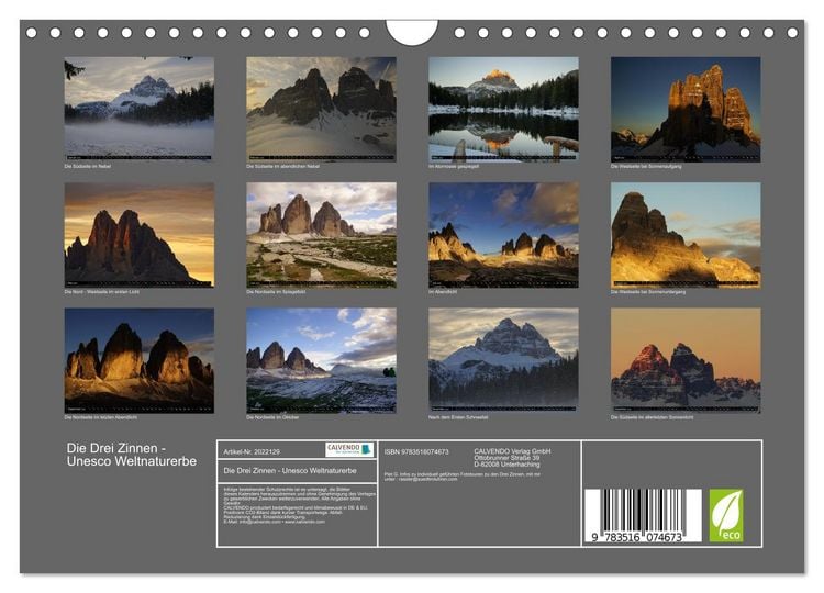 Produktbild: Die Drei Zinnen - Unesco Weltnaturerbe (Wandkalender 2026 DIN A4 quer), CALVENDO Monatskalender