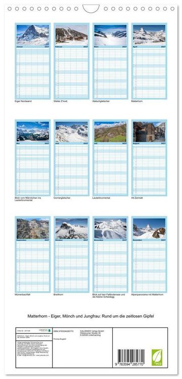 Produktbild: Familienplaner 2027 - Matterhorn - Eiger, M&ouml;nch und Jungfrau: Rund um die zeitlosen Gipfel mit 5 Spalten (Wandkalender, 21 x 45 cm) CALVENDO