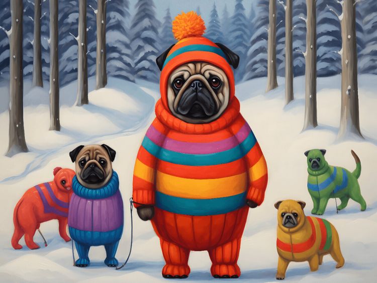 Produktbild: CALVENDO Puzzle Winterlich angezogene Hunde spazieren durch den Wald im Schnee | 1000 Teile Lege-Gr&ouml;&szlig;e 64x48cm Foto-Puzzle f&uuml;r gl&uuml;ckliche Stunden