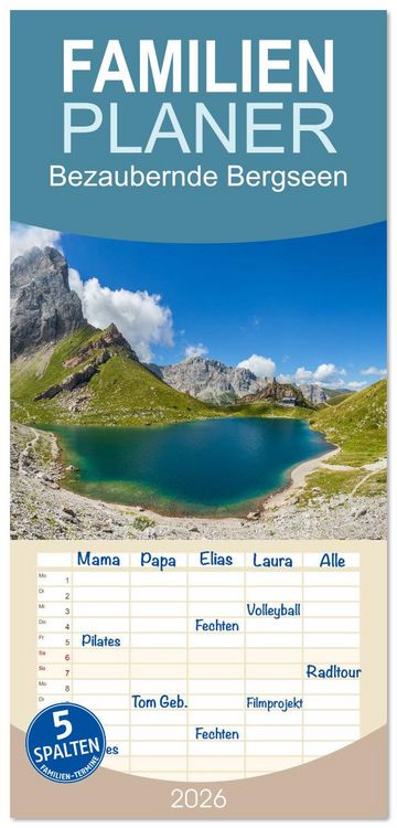 Produktbild: Familienplaner 2026 - Bezaubernde Bergseen mit 5 Spalten (Wandkalender, 21 x 45 cm) CALVENDO