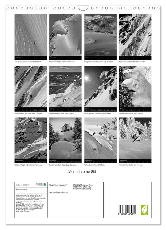 Produktbild: Monochrome Ski (Wandkalender 2026 DIN A3 hoch), CALVENDO Monatskalender