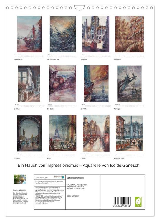 Produktbild: Ein Hauch von Impressionismus &ndash; Aquarelle von Isolde G&auml;nesch (Wandkalender 2026 DIN A3 hoch), CALVENDO Monatskalender