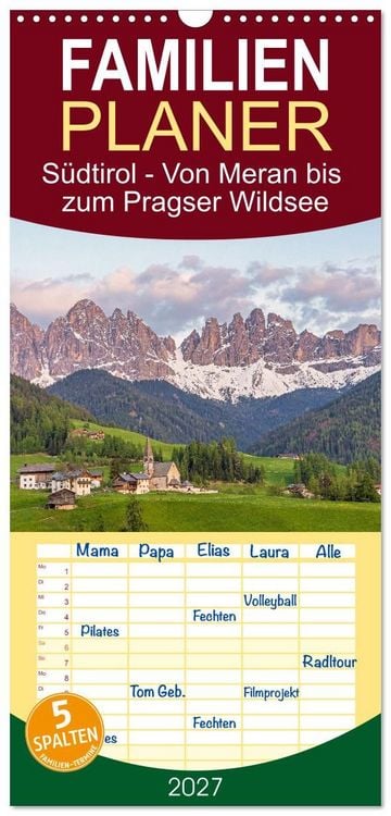 Produktbild: Familienplaner 2027 - S&uuml;dtirol - Von Meran bis zum Pragser Wildsee mit 5 Spalten (Wandkalender, 21 x 45 cm) CALVENDO