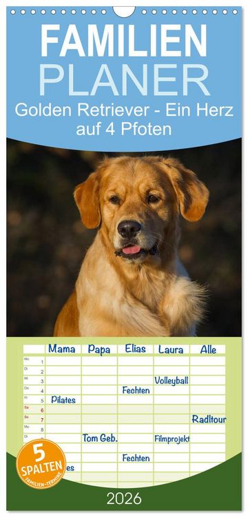 Produktbild: Familienplaner 2026 - Golden Retriever - Ein Herz auf 4 Pfoten mit 5 Spalten (Wandkalender, 21 x 45 cm) CALVENDO