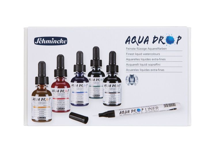 Produktbild: Schmincke AQUA DROP Aquarellfarbe, Kartonset lasierende Farbt&ouml;ne, 5 x 30 ml Flaschen + LINER mit Pinselspitze