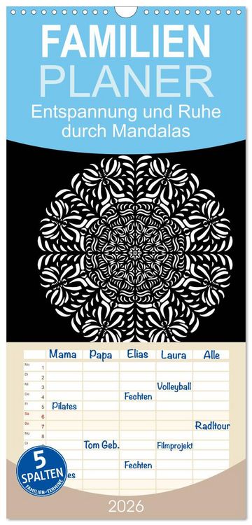 Produktbild: Familienplaner 2026 - Entspannung und Ruhe durch Mandalas mit 5 Spalten (Wandkalender, 21 x 45 cm) CALVENDO