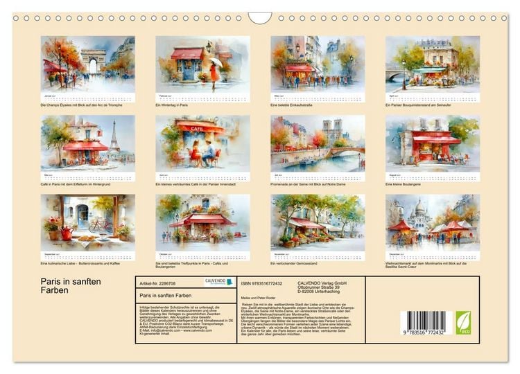 Produktbild: Paris in sanften Farben (Wandkalender 2027 DIN A3 quer), CALVENDO Monatskalender