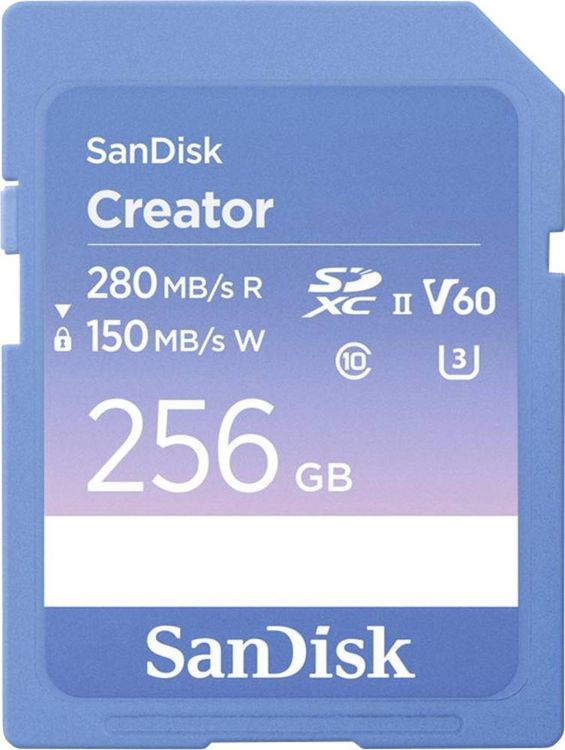 Produktbild: SanDisk Creator SDXC-Karte Retail 256 GB Class 10, v60 Video Speed Class, UHS-II U3 Schreibschutzschalter