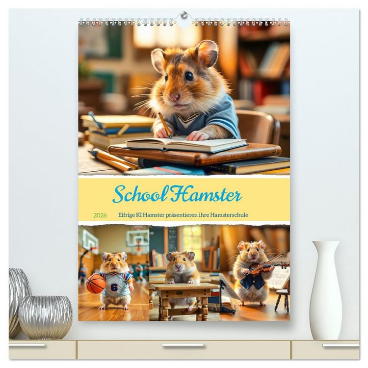 Produktbild: School Hamster - Eifrige KI Hamster pr&auml;sentieren ihre Hamsterschule (hochwertiger Premium Wandkalender 2026 DIN A2 hoch), Kunstdruck in Hochglanz