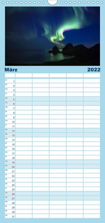 Produktbild: Familienplaner Nordlichter - Magische N&auml;chte in Skandinavien (Wandkalender 2022 , 21 cm x 45 cm, hoch)