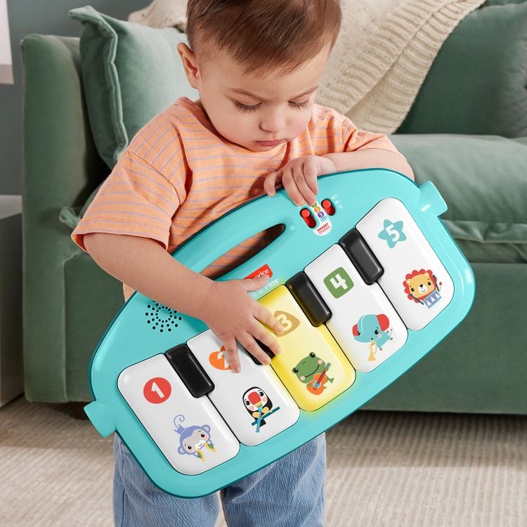 Produktbild: Fisher-Price Kontrast-Spieldecke f&uuml;r Babys, Spielspa&szlig; Piano-Gym, blau, deutsche Version