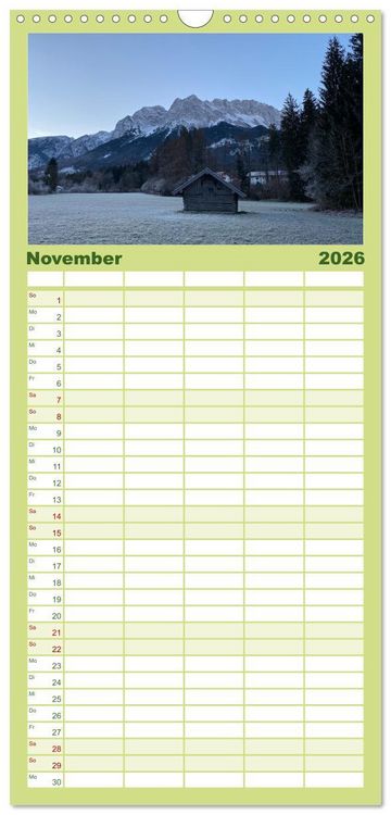 Produktbild: Familienplaner 2026 - Alpenauszeit - Die Bergh&uuml;tten unserer Alpen mit 5 Spalten (Wandkalender, 21 x 45 cm) CALVENDO