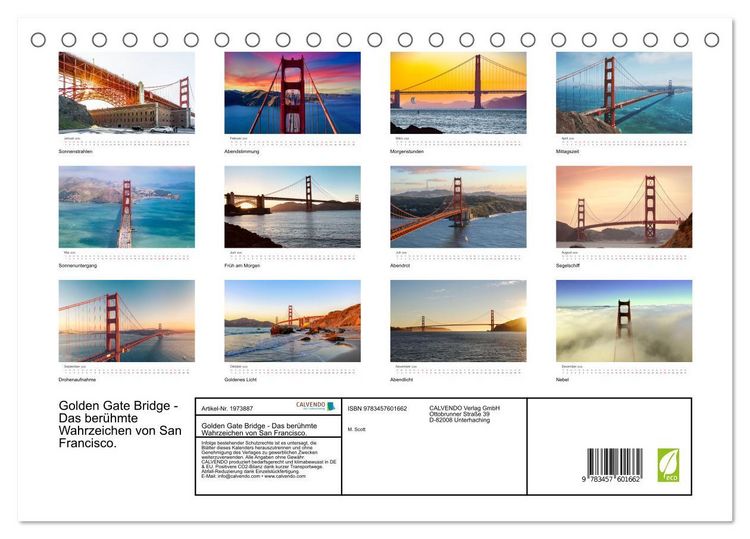 Produktbild: Golden Gate Bridge - Das ber&uuml;hmte Wahrzeichen von San Francisco. (Tischkalender 2026 DIN A5 quer), CALVENDO Monatskalender