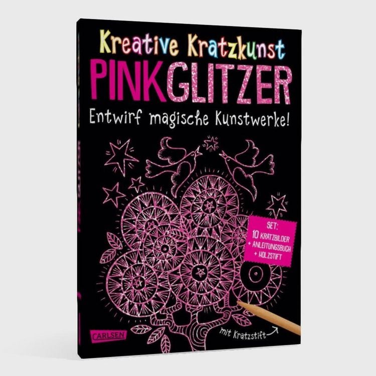Produktbild: Kratzbilder f&uuml;r Kinder: Kreative Kratzkunst: Pink Glitzer: Set mit 10 Kratzbildern, Anleitungsbuch und Holzstift