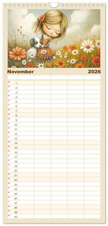 Produktbild: Familienplaner 2026 - M&auml;dchentr&auml;ume. S&uuml;&szlig;e Momente auf bl&uuml;henden Wiesen mit 5 Spalten (Wandkalender, 21 x 45 cm) CALVENDO