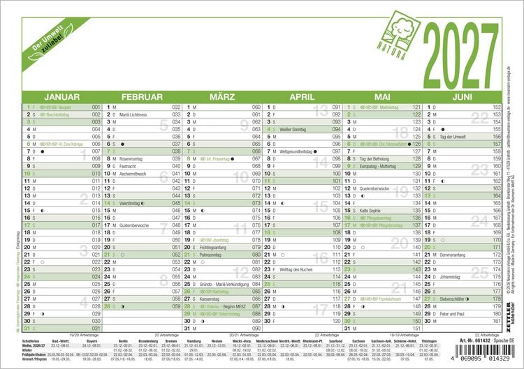 Produktbild: Arbeitstagekalender A5 Blauer Engel 2027