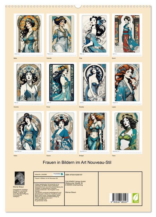 Produktbild: Frauen in Bildern im Art Nouveau-Stil (hochwertiger Premium Wandkalender 2026 DIN A2 hoch), Kunstdruck in Hochglanz
