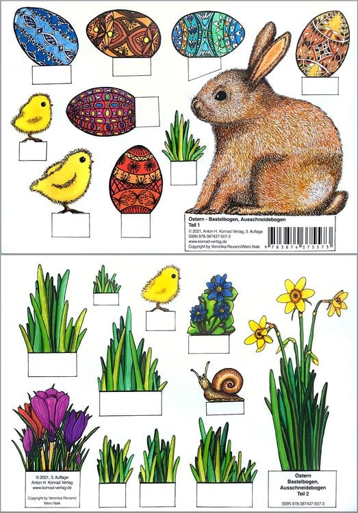 Produktbild: Ostern - Bastelbogen, Ausschneidebogen. Osterhase, Ostereier, K&uuml;ken und Blumen zum Basteln.