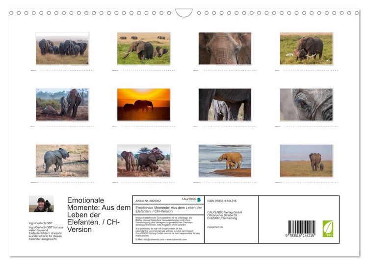 Produktbild: Emotionale Momente: Aus dem Leben der Elefanten. / CH-Version (Wandkalender 2026 DIN A3 quer), CALVENDO Monatskalender