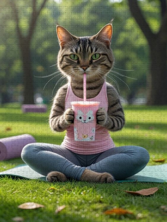 Produktbild: CALVENDO Puzzle Yoga-Katze mit Smoothie - witziges Katzenbild f&uuml;r Sportfans | 1000 Teile Lege-Gr&ouml;&szlig;e 64x48cm Foto-Puzzle f&uuml;r gl&uuml;ckliche Stunden