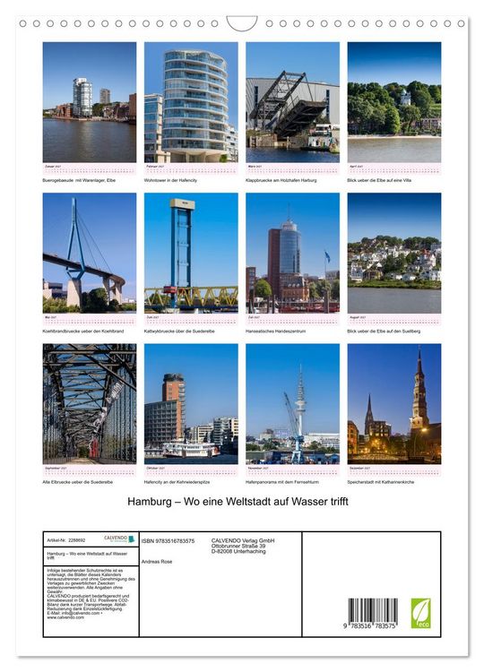 Produktbild: Hamburg &ndash; Wo eine Weltstadt auf Wasser trifft (Wandkalender 2027 DIN A3 hoch), CALVENDO Monatskalender