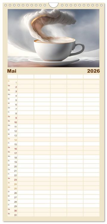 Produktbild: Familienplaner 2026 - Kaffe mal anders geniessen mit 5 Spalten (Wandkalender, 21 x 45 cm) CALVENDO