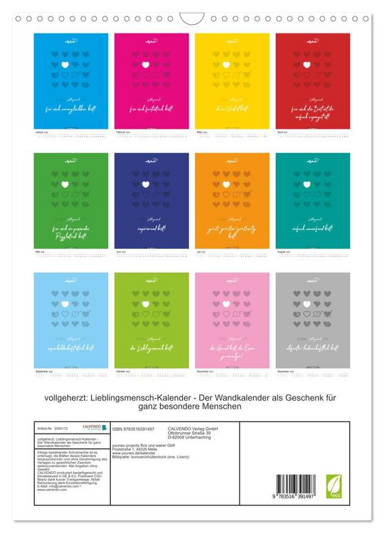 Produktbild: vollgeherzt: Lieblingsmensch-Kalender - Der Wandkalender als Geschenk f&uuml;r ganz besondere Menschen (Wandkalender 2026 DIN A3 hoch), CALVENDO Monatskalender