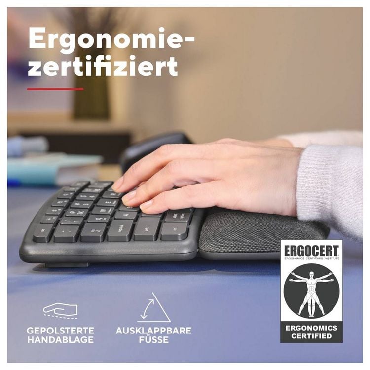 Produktbild: Trust Keyra ERGO Wireless Multi Keyboard DE Bluetooth&reg;, Kabellos Tastatur Ergonomisch Deutsch, QWERTZ Schwarz