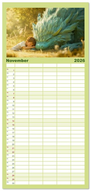 Produktbild: Familienplaner 2026 - Drachen - Verspielt und fluffig mit 5 Spalten (Wandkalender, 21 x 45 cm) CALVENDO
