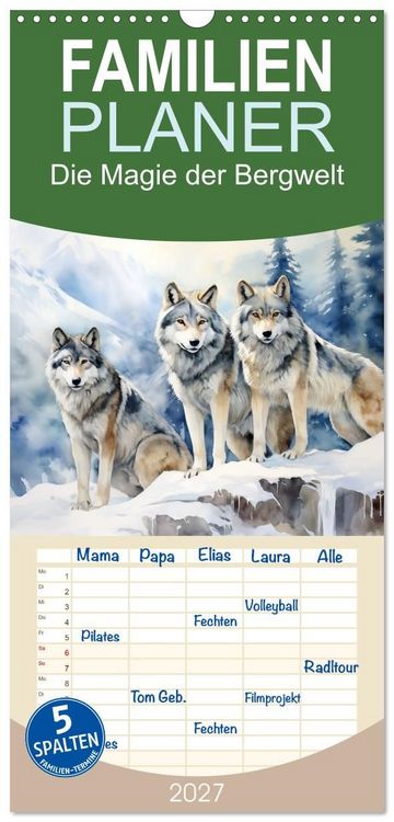 Produktbild: Familienplaner 2027 - Die Magie der Bergwelt mit 5 Spalten (Wandkalender, 21 x 45 cm) CALVENDO