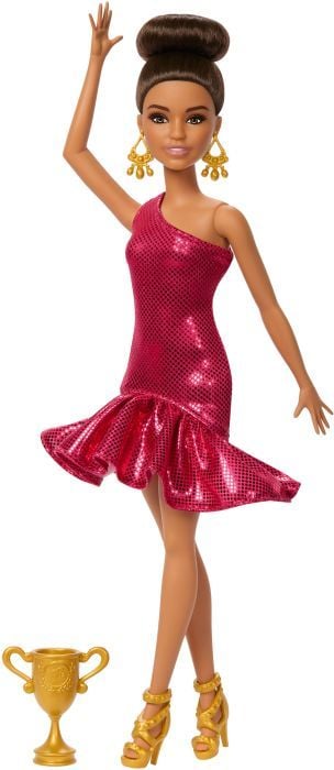 Produktbild: Barbie Turniertänzerin-Modepuppe mit braunem Haar und Tanzpokal-Zubehör