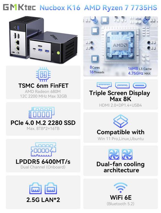 Produktbild: GMKtec Mini PC K17 Intel Core Ultra 5 226V 16+512GB Intel&reg; Core&trade; Ultra 5 226V 4.5GHz 16GB RAM 512GB SSD Intel Arc&trade; 130V Graphics