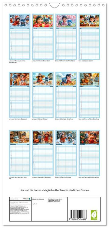 Produktbild: Familienplaner 2026 - Lina und die Katzen - Magische Abenteuer in niedlichen Szenen mit 5 Spalten (Wandkalender, 21 x 45 cm) CALVENDO