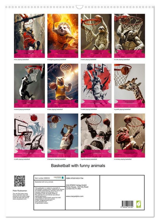 Produktbild: Basketball with funny animals (Wall Calendar 2026 DIN A2 portrait), CALVENDO 12 Month Wall Calendar