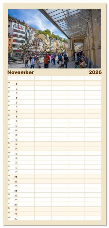 Produktbild: Familienplaner 2026 - Karlsbad / Karlovy Vary - Kleinod im Westb&ouml;hmischen B&auml;derdreieck mit 5 Spalten (Wandkalender, 21 x 45 cm) CALVENDO